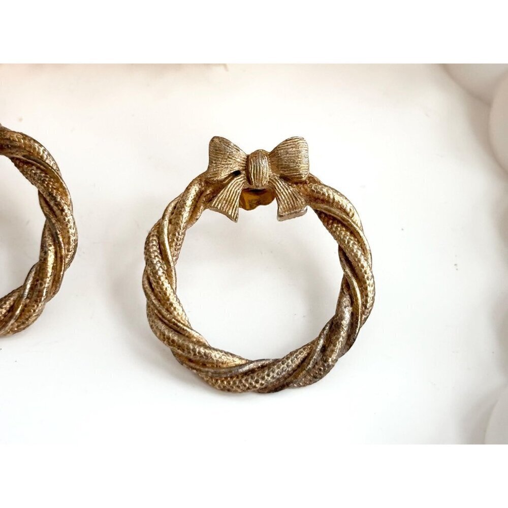 Gold Toned Braided Rope Bow Ribbon Vintage Post Back Holiday Themed Earrings - Picture 2 of 10